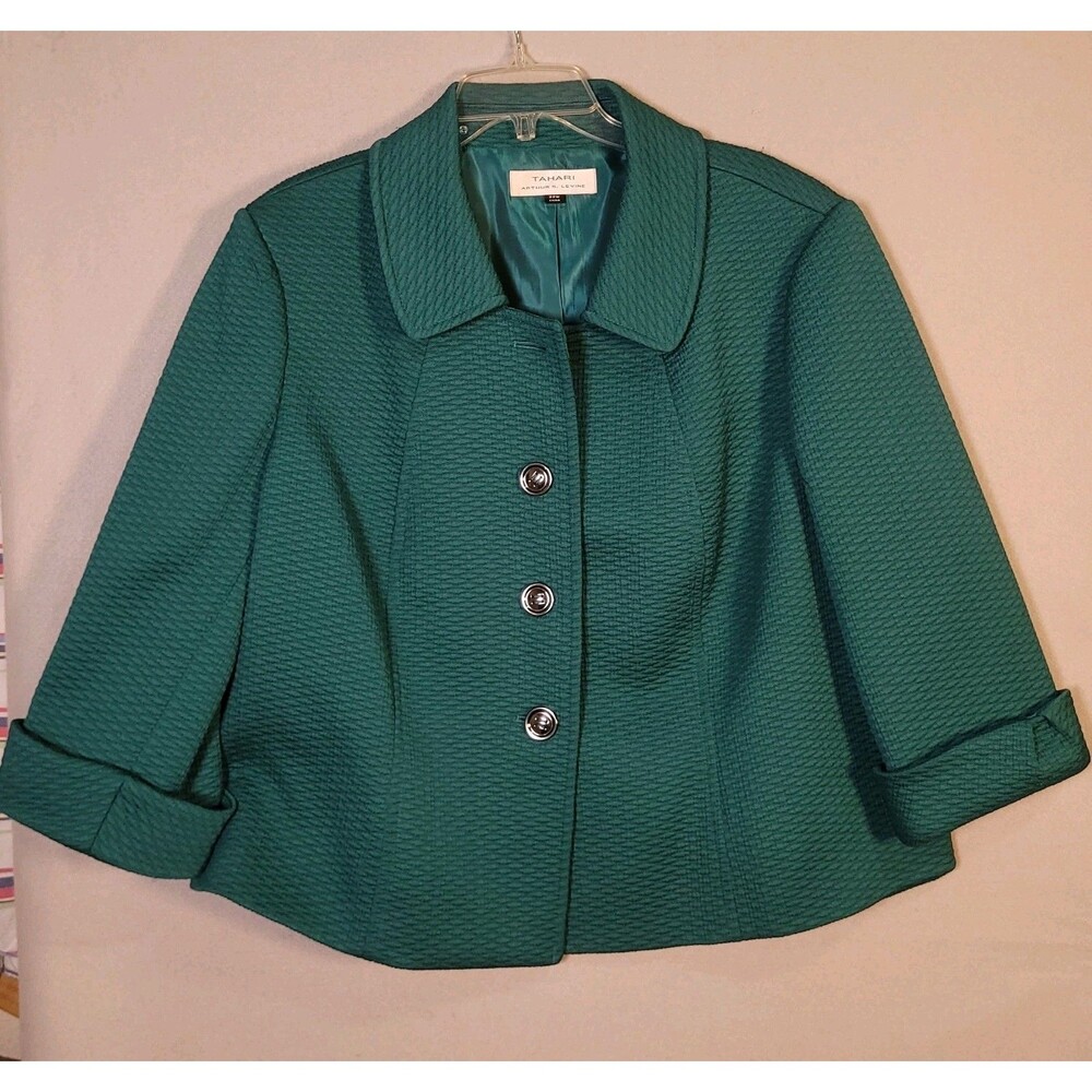 Tahari Blazer Womens 22W Green Button Front Old Money Career Textured Jacket